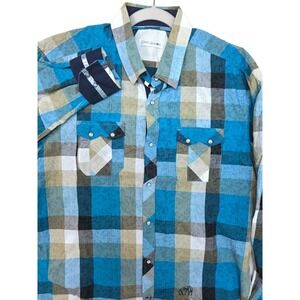 John Lennon Shirt Mens XL Blue Plaid Long Sleeve Button Front Embroidered Casual